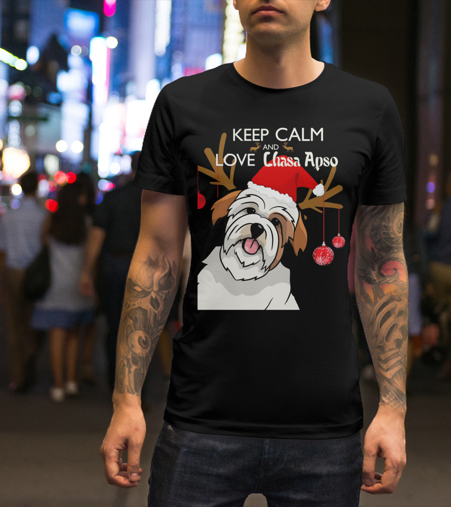 Keep Calm And Love Lhasa Apso Reindeer Santa Hat T-Shirt