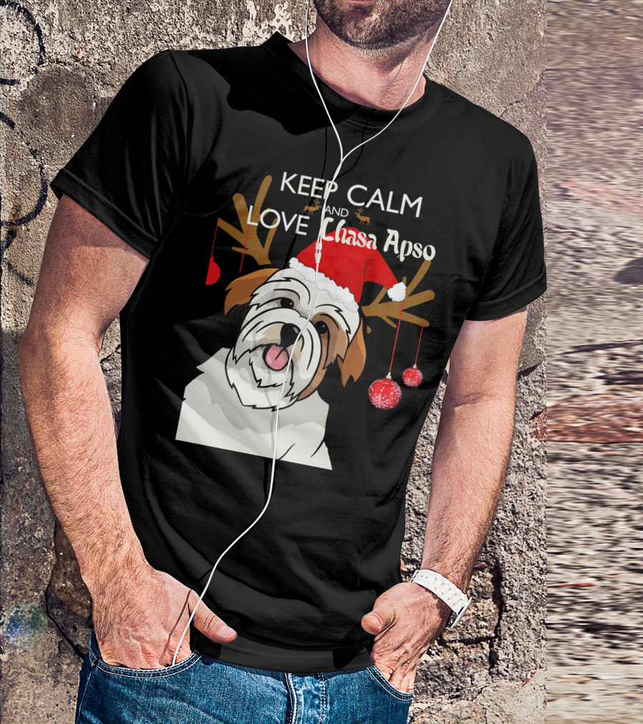 Keep Calm And Love Lhasa Apso Reindeer Santa Hat T-Shirt