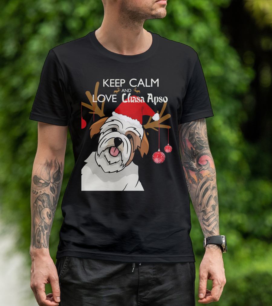 Keep Calm And Love Lhasa Apso Reindeer Santa Hat T-Shirt