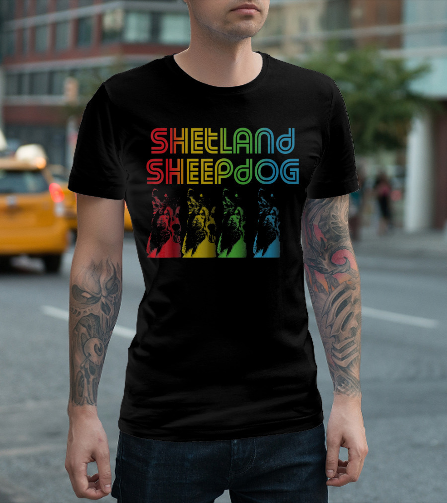 Shetland Sheepdog Retro Groovy Colorful Portraits T-Shirt