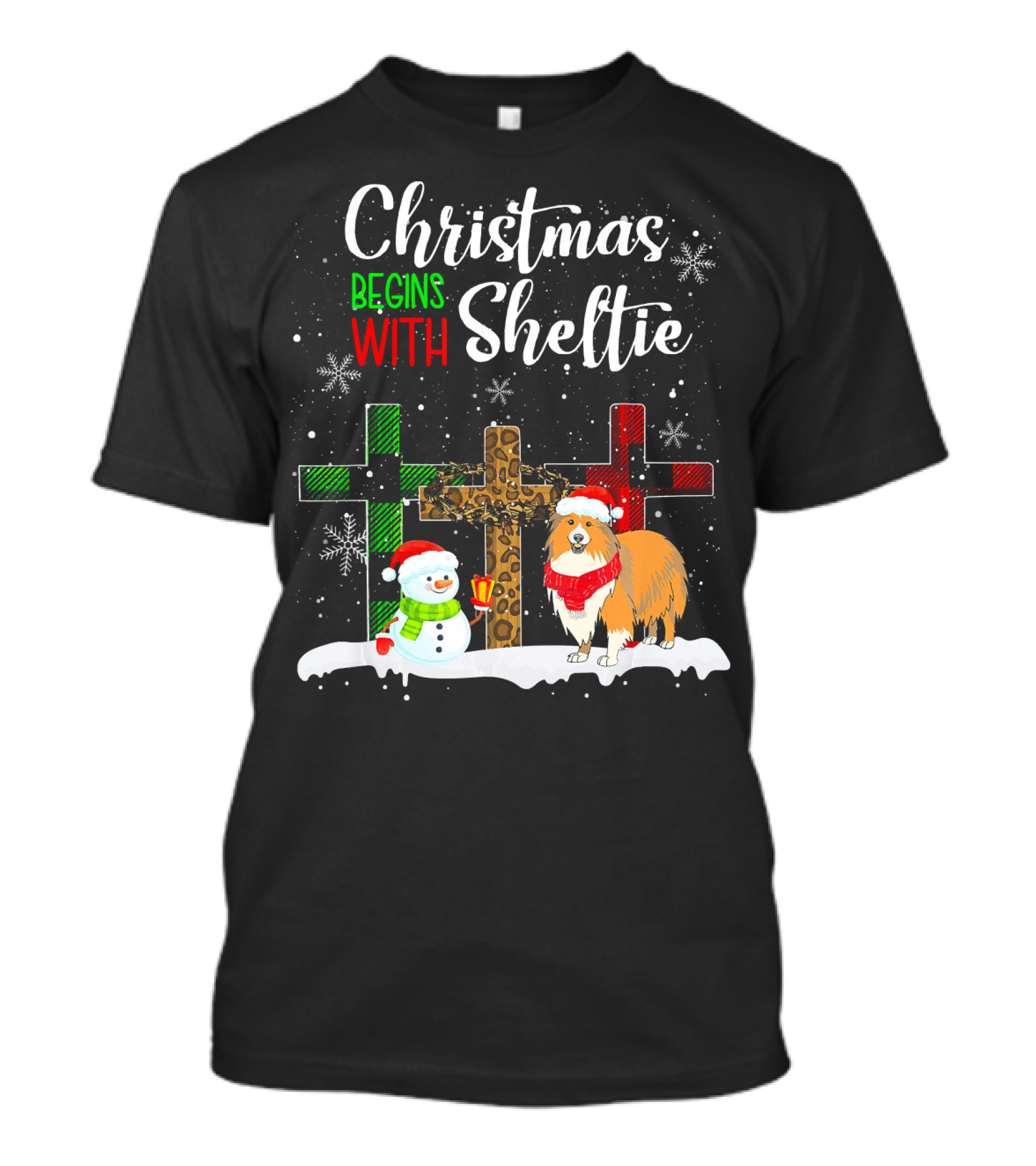 Christmas Begins With Sheltie Snowman And Festive Crosses T-Shirt