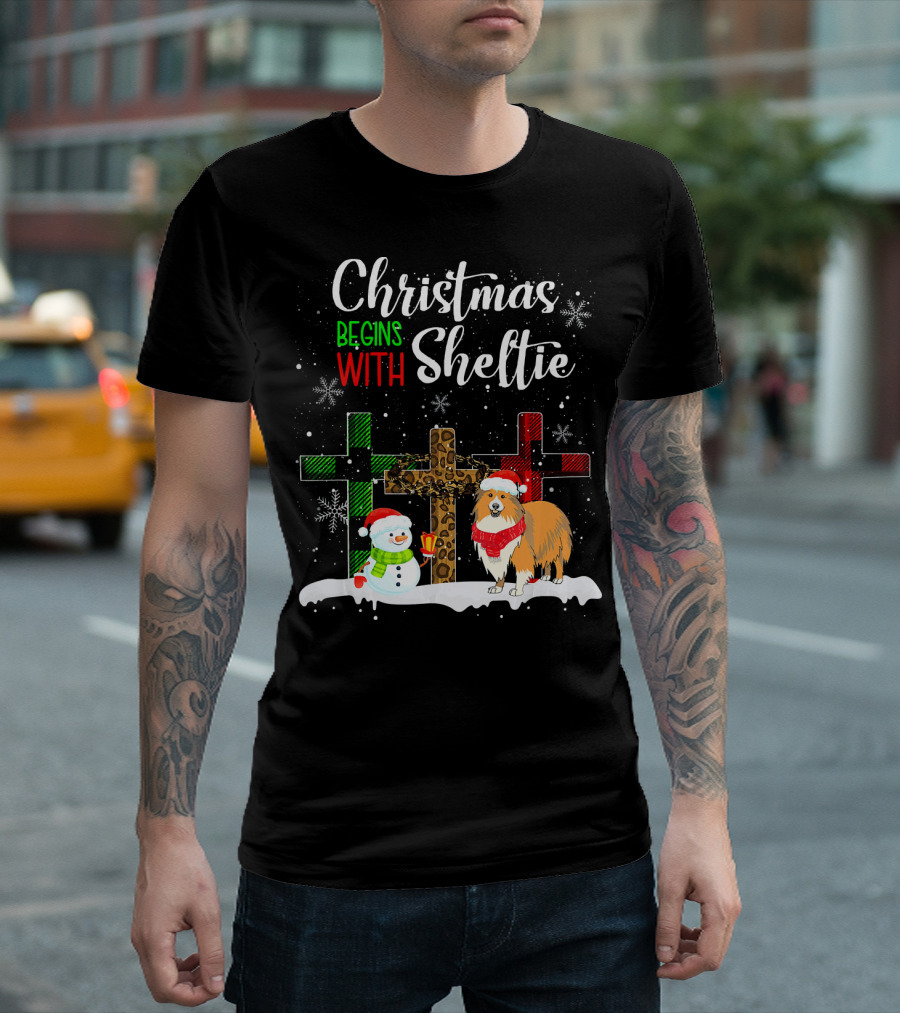 Christmas Begins With Sheltie Snowman And Festive Crosses T-Shirt