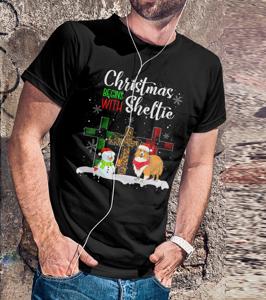 Christmas Begins With Sheltie Snowman And Festive Crosses T-Shirt