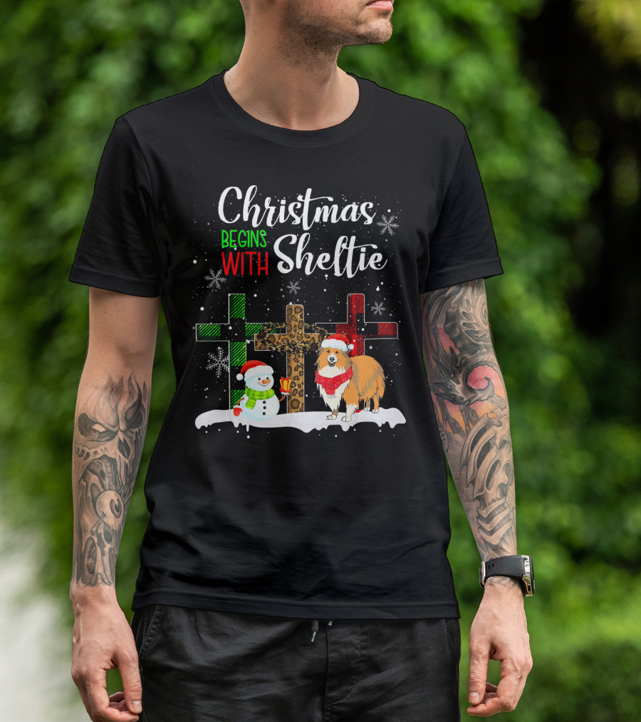 Christmas Begins With Sheltie Snowman And Festive Crosses T-Shirt