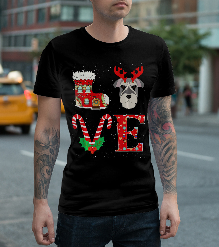 Love My Schnauzer Reindeer Horns Christmas Candy Cane Boot T-Shirt