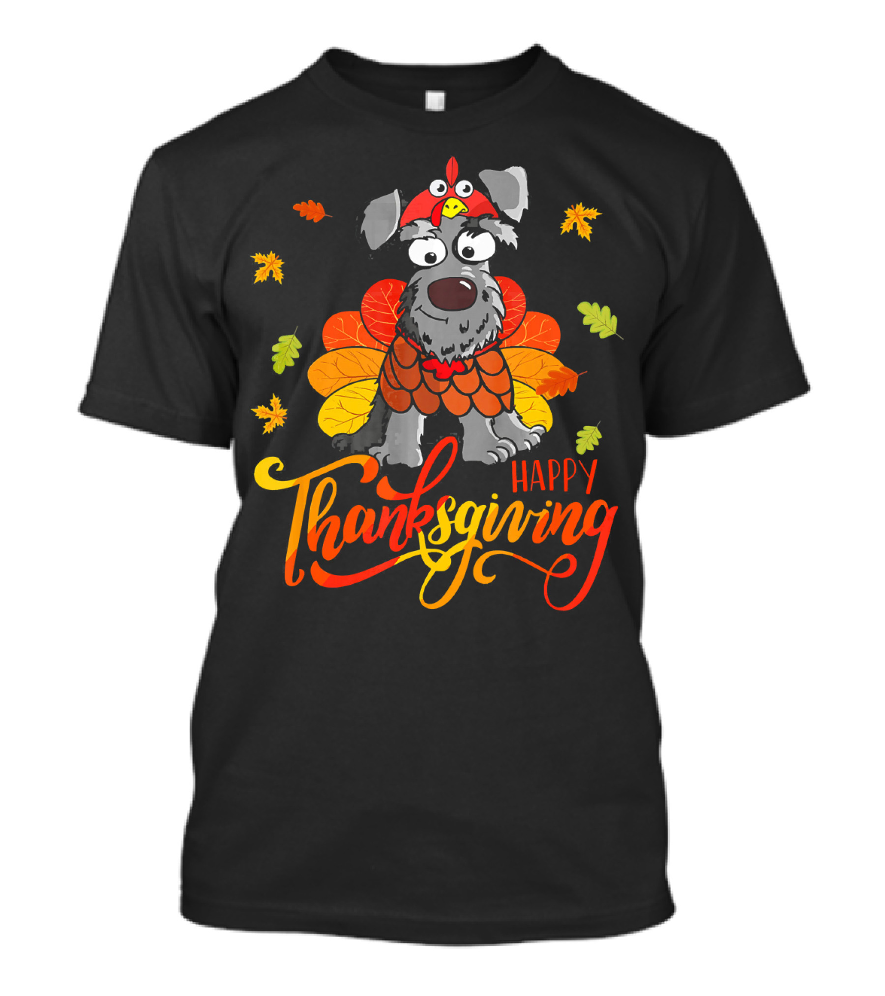 Happy Thanksgiving Schnauzer In Turkey Costume With Autumn Leaves T-Shirt