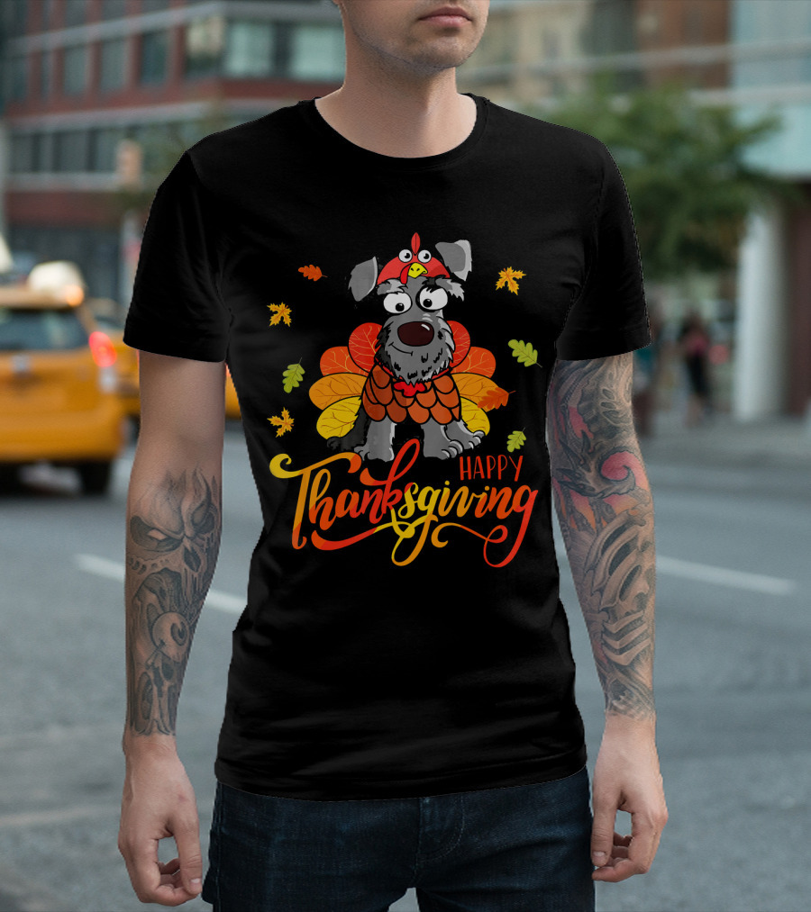 Happy Thanksgiving Schnauzer In Turkey Costume With Autumn Leaves T-Shirt