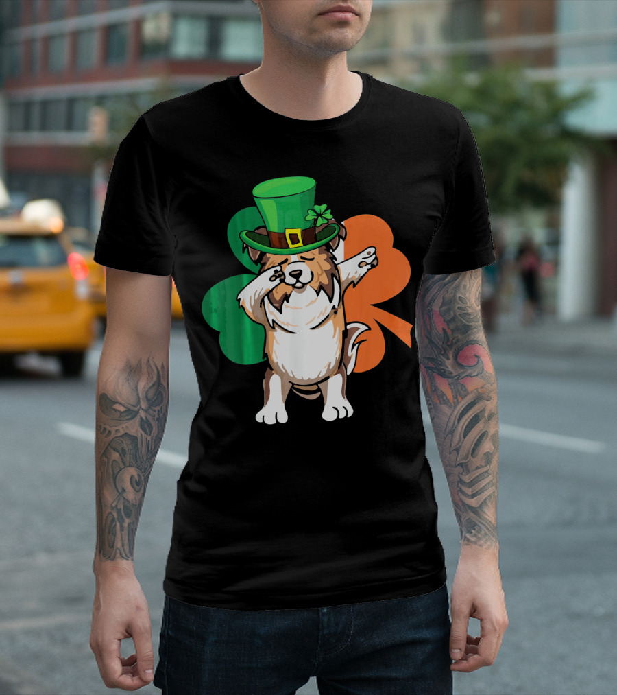 St. Patrick's Day Dabbing Sheltie With Shamrock And Leprechaun Hat T-Shirt