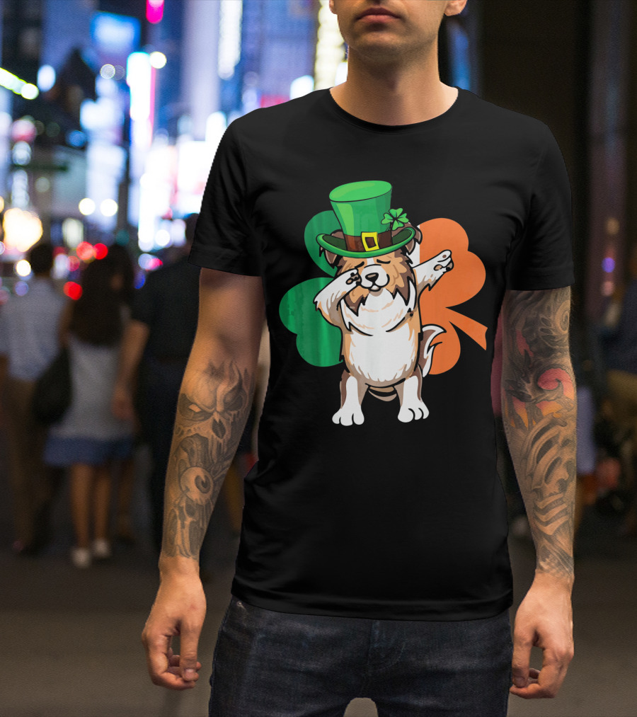 St. Patrick's Day Dabbing Sheltie With Shamrock And Leprechaun Hat T-Shirt