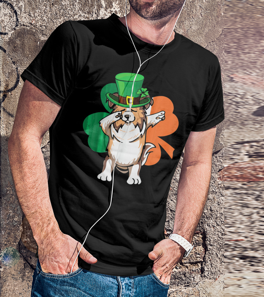 St. Patrick's Day Dabbing Sheltie With Shamrock And Leprechaun Hat T-Shirt