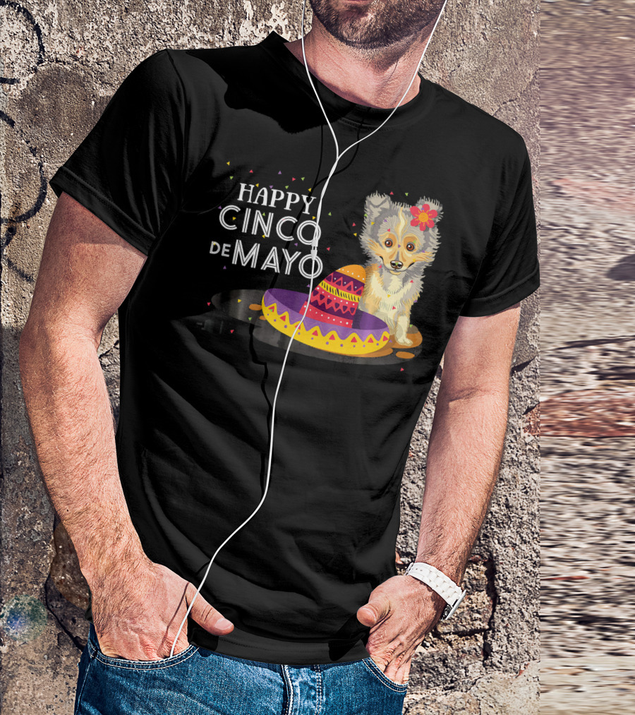 Happy Cinco De Mayo Funny Shelti Dog With Sombrero And Flower T-Shirt