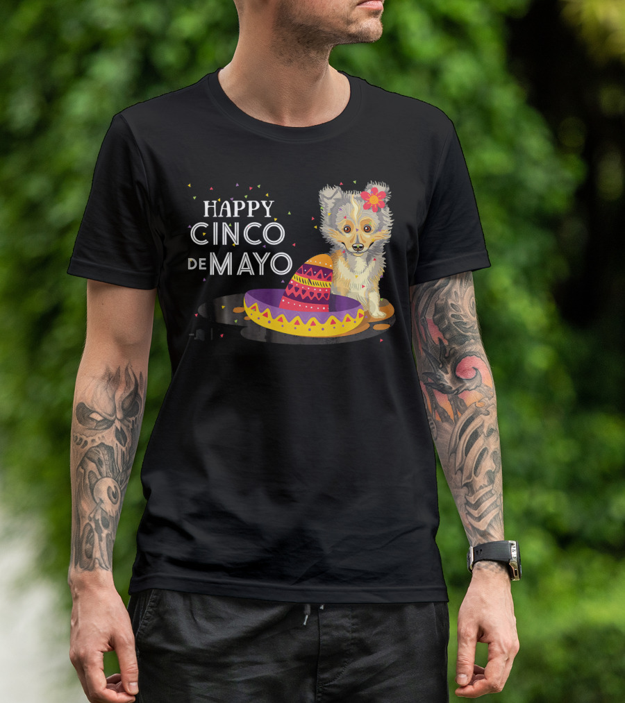 Happy Cinco De Mayo Funny Shelti Dog With Sombrero And Flower T-Shirt