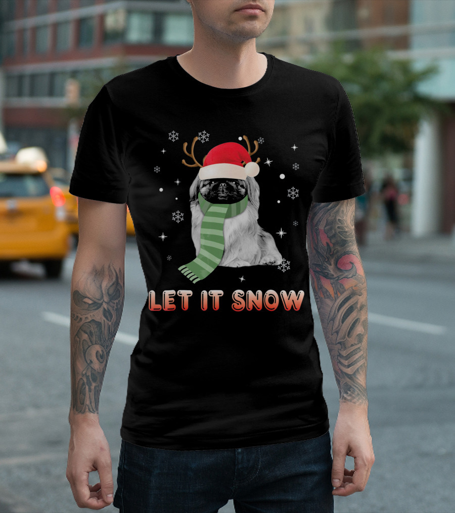 Let It Snow Pekingese Santa Hat Reindeer Antlers Scarf Snowflakes T-Shirt