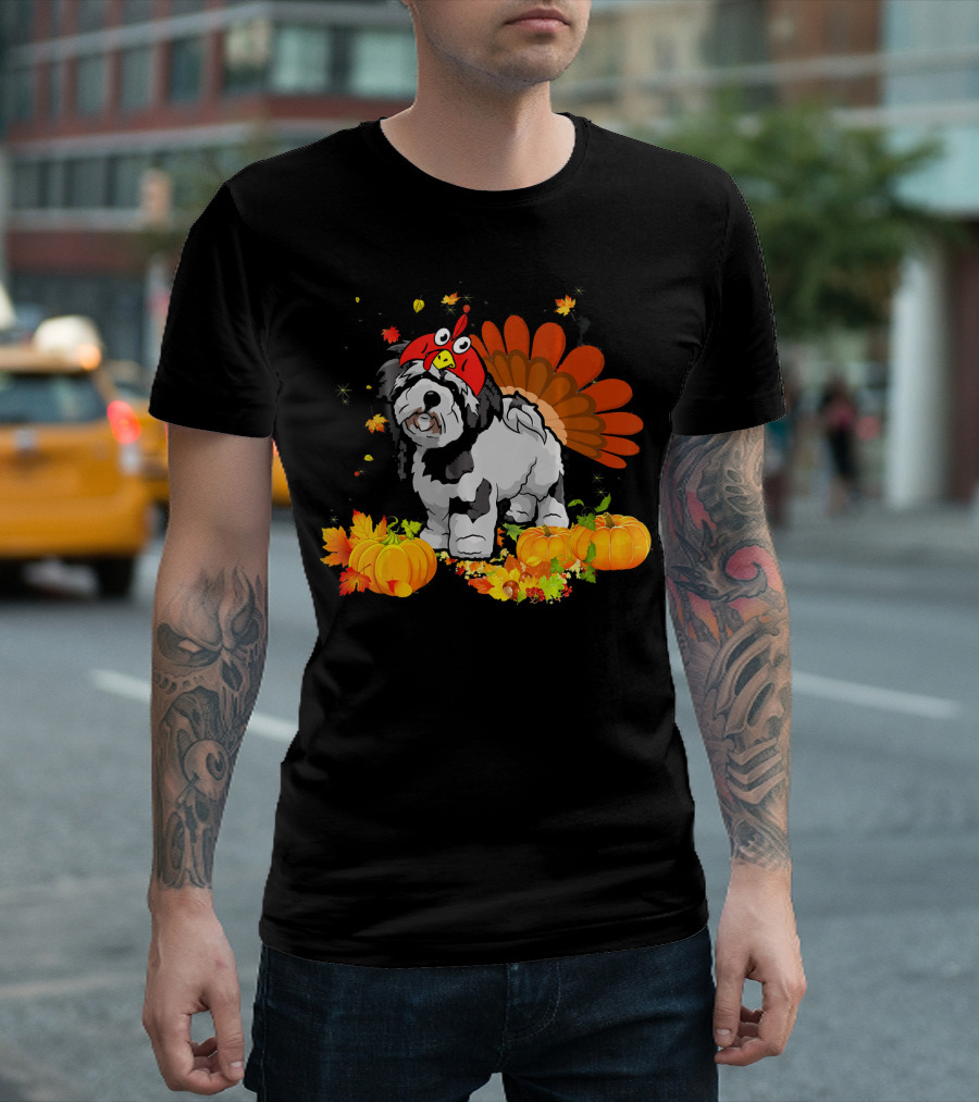 Lhasa Apso Turkey Hat Autumn Pumpkins Funny Dog T-Shirt