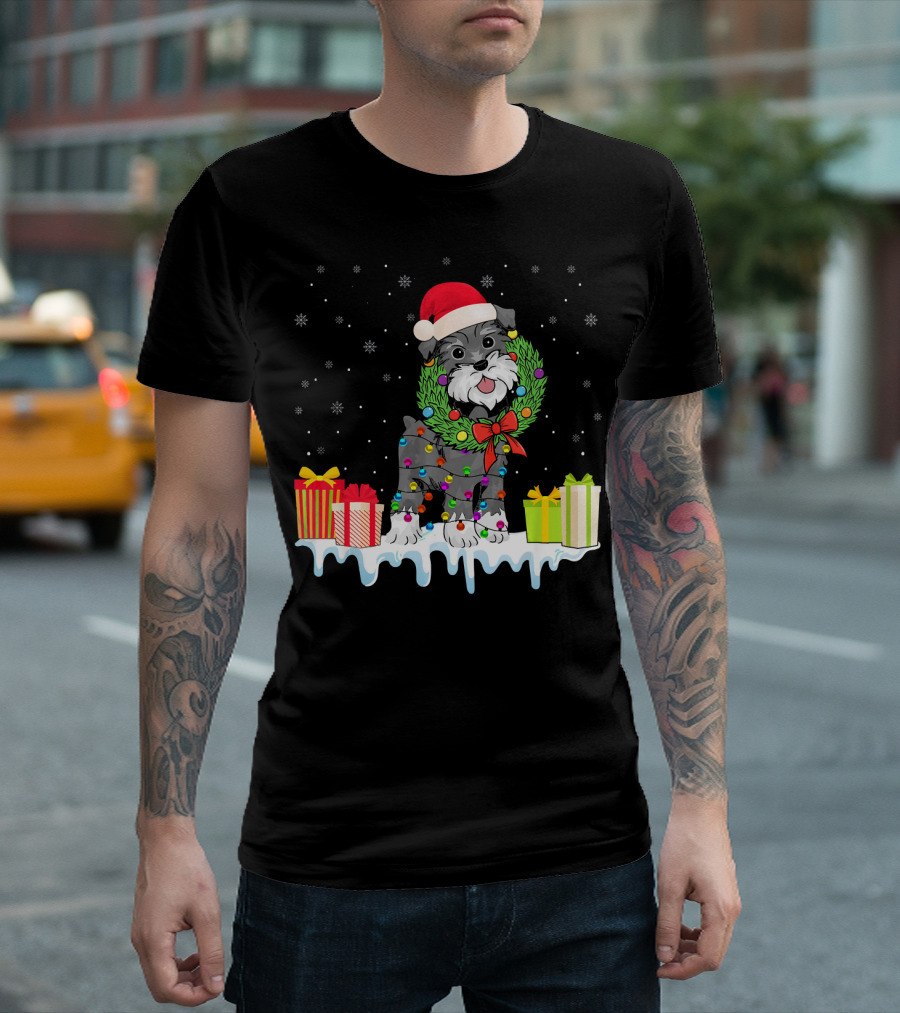 Cute Schnauzer Xmas Dog with Christmas Wreath and Presents T-Shirt