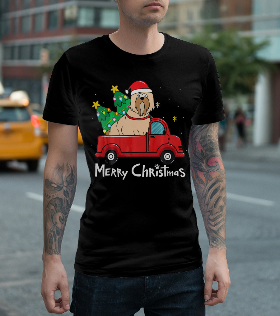 Merry Christmas Lhasa Apso Santa Red Truck with Tree T-Shirt