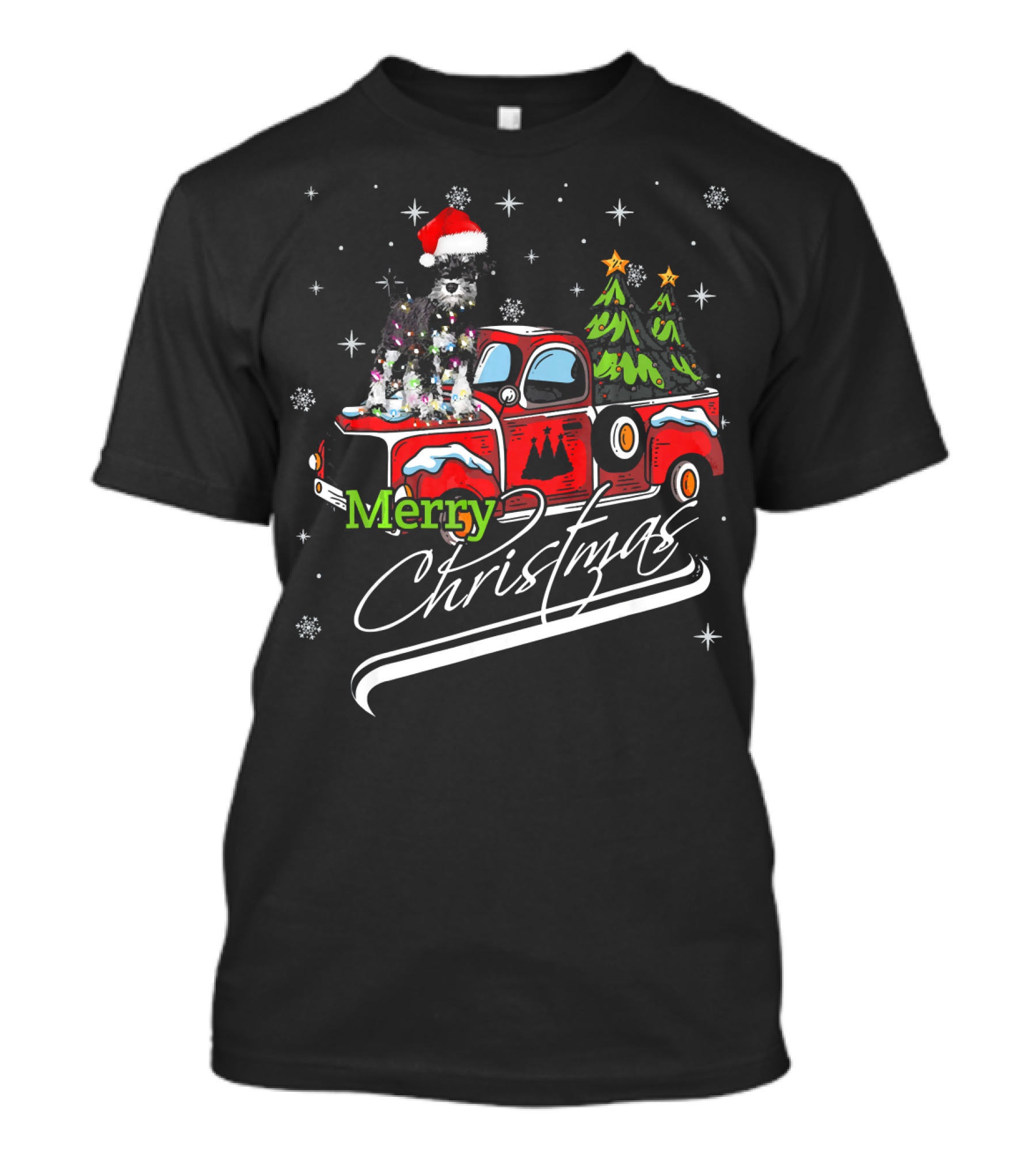Merry Christmas Cute Schnauzer On Red Truck With Santa Hat And Snowflakes T-Shirt