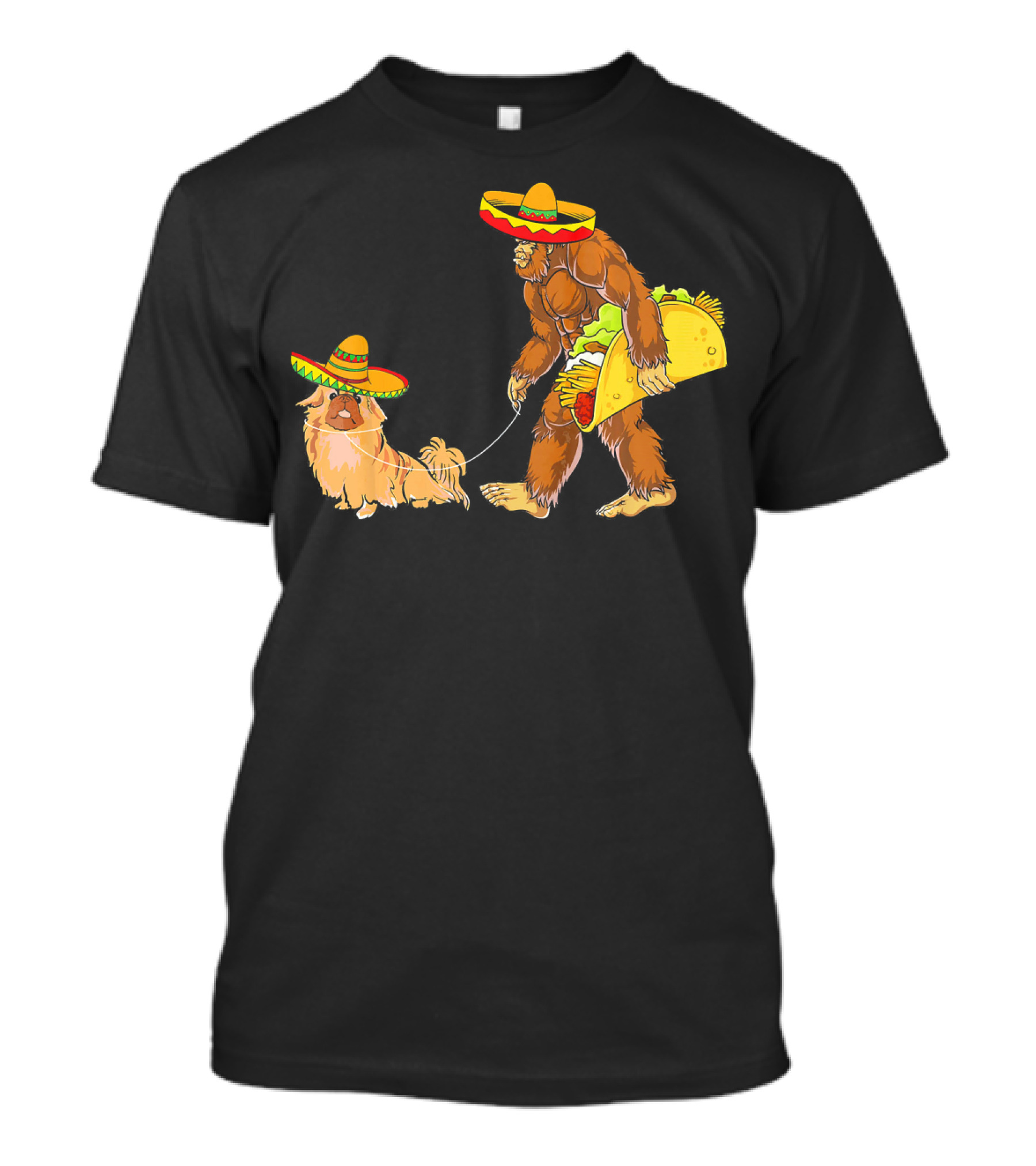 Cinco De Mayo Bigfoot Taco Costume With Pekingese In Sombrero T-Shirt
