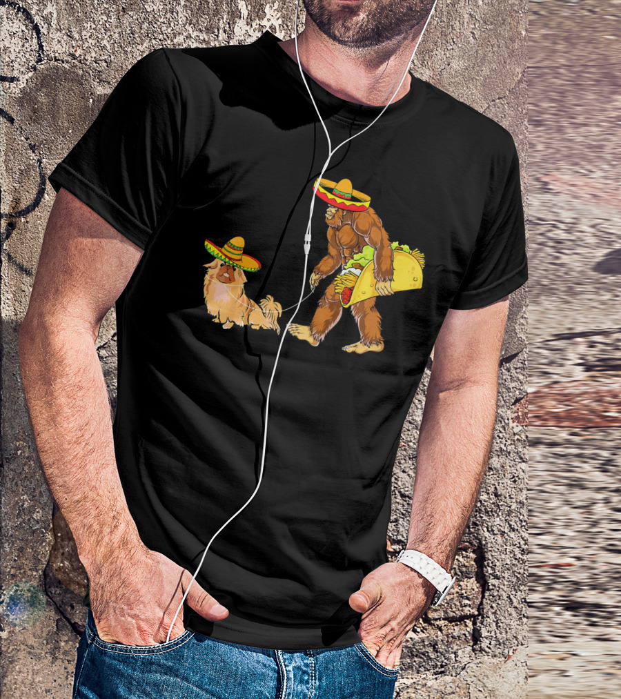 Cinco De Mayo Bigfoot Taco Costume With Pekingese In Sombrero T-Shirt
