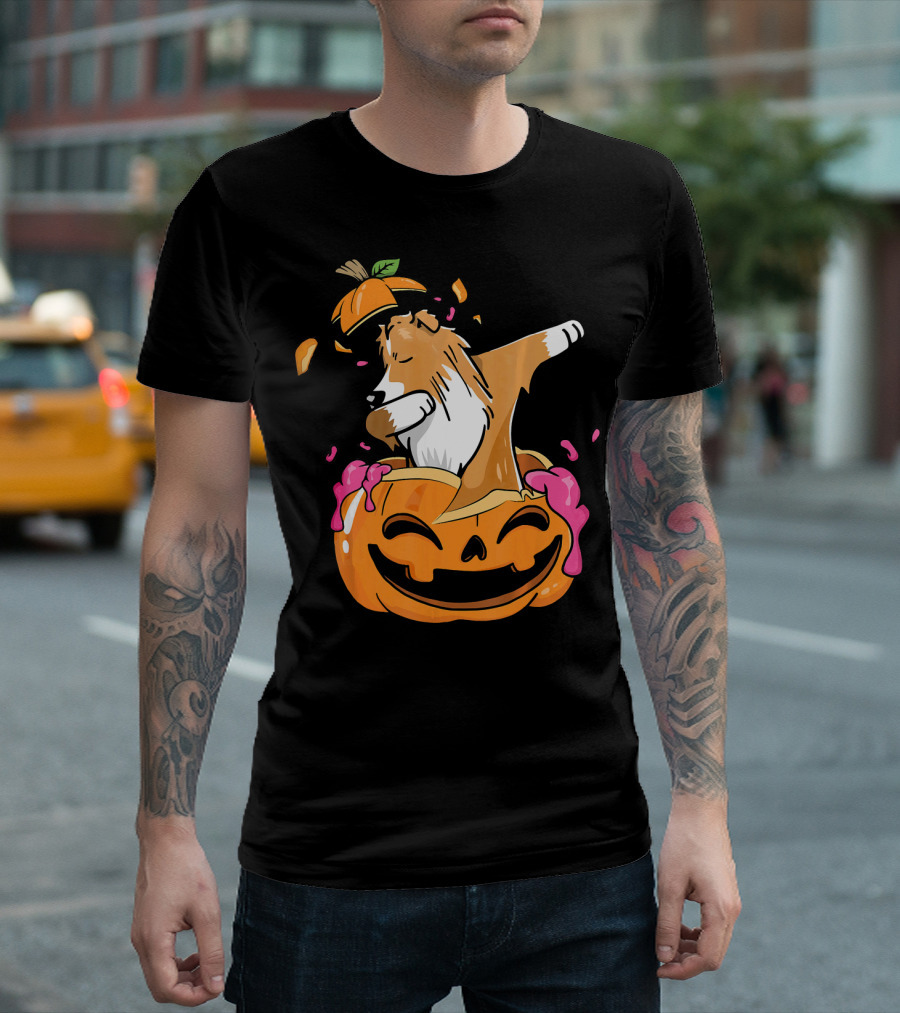 Pumpkin Sheltie Dog Dabbing Halloween T-Shirt