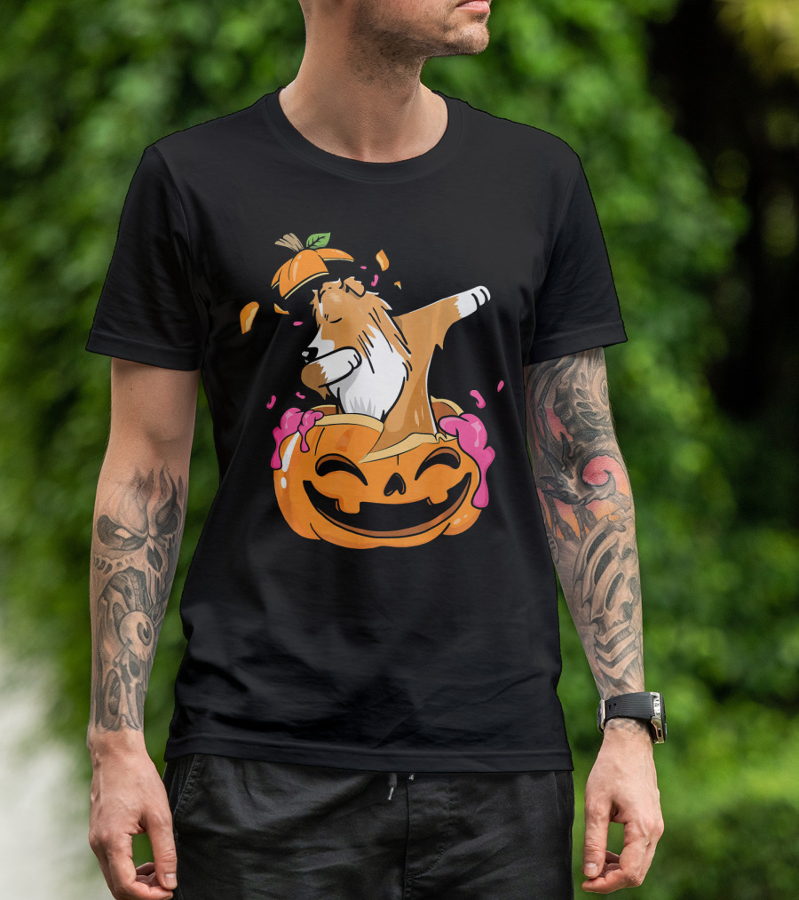 Pumpkin Sheltie Dog Dabbing Halloween T-Shirt
