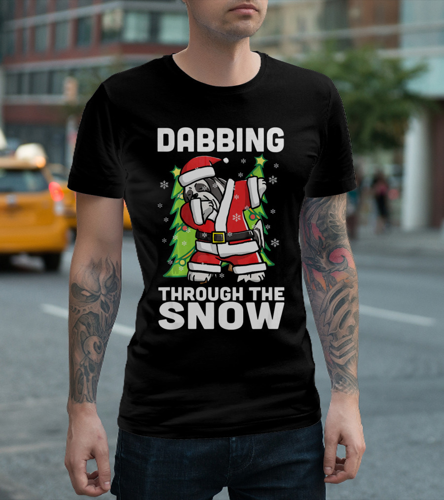 Dabbing Through The Snow Lhasa Apso in Santa Costume with Christmas Trees and Snowflakes T-Shirt