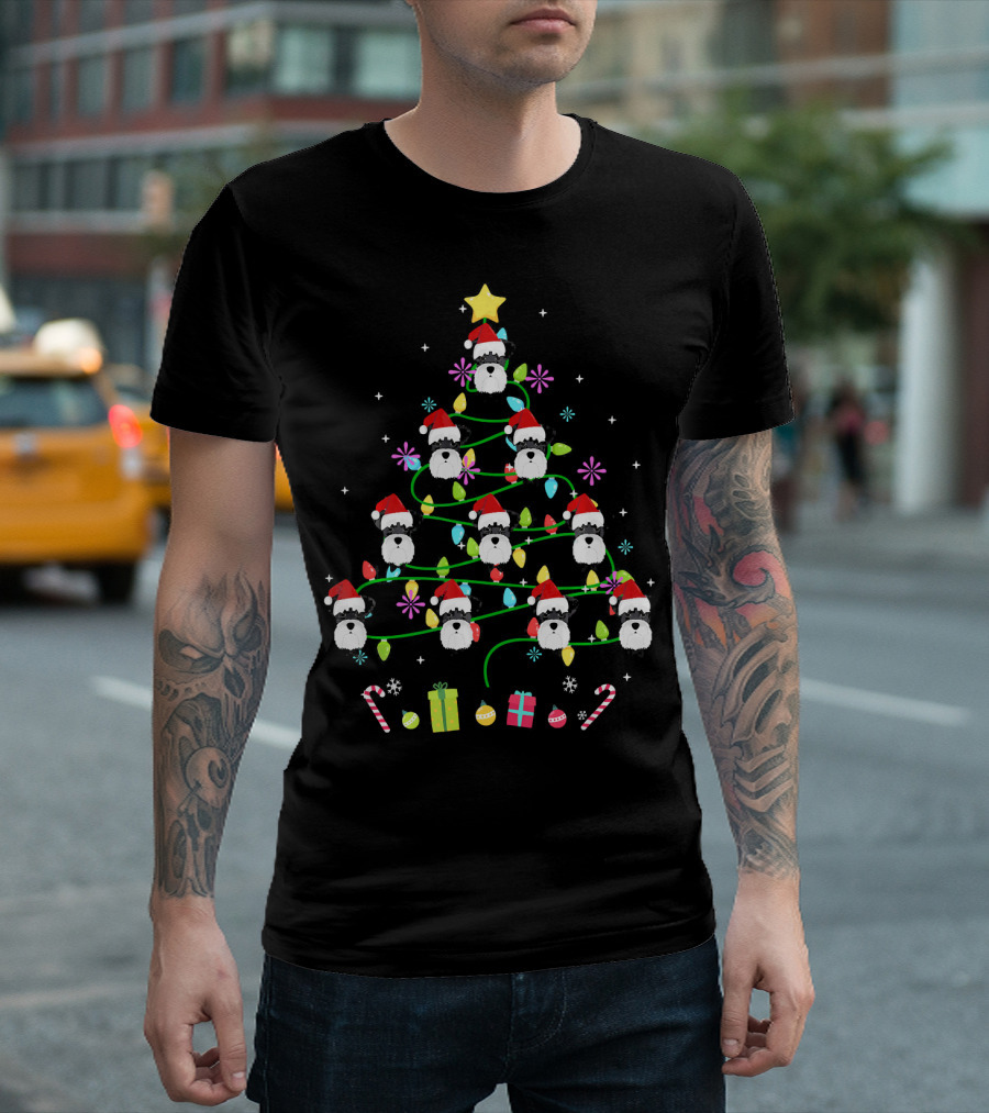 Funny Schnauzer Christmas Tree Santa Hats and Colorful Ornaments T-Shirt