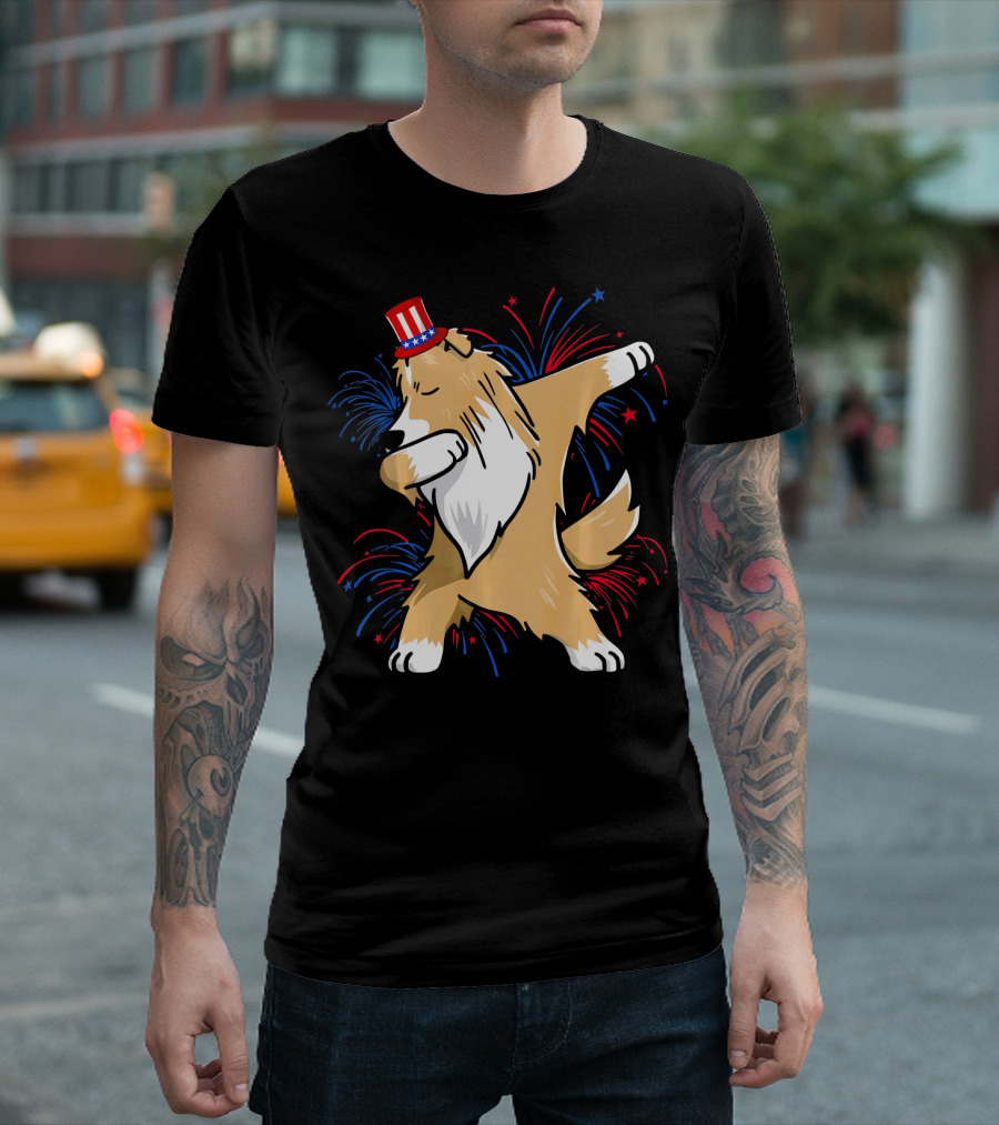 Dabbing Sheltie with Patriotic Hat and Fireworks for 4th of July T-Shirt