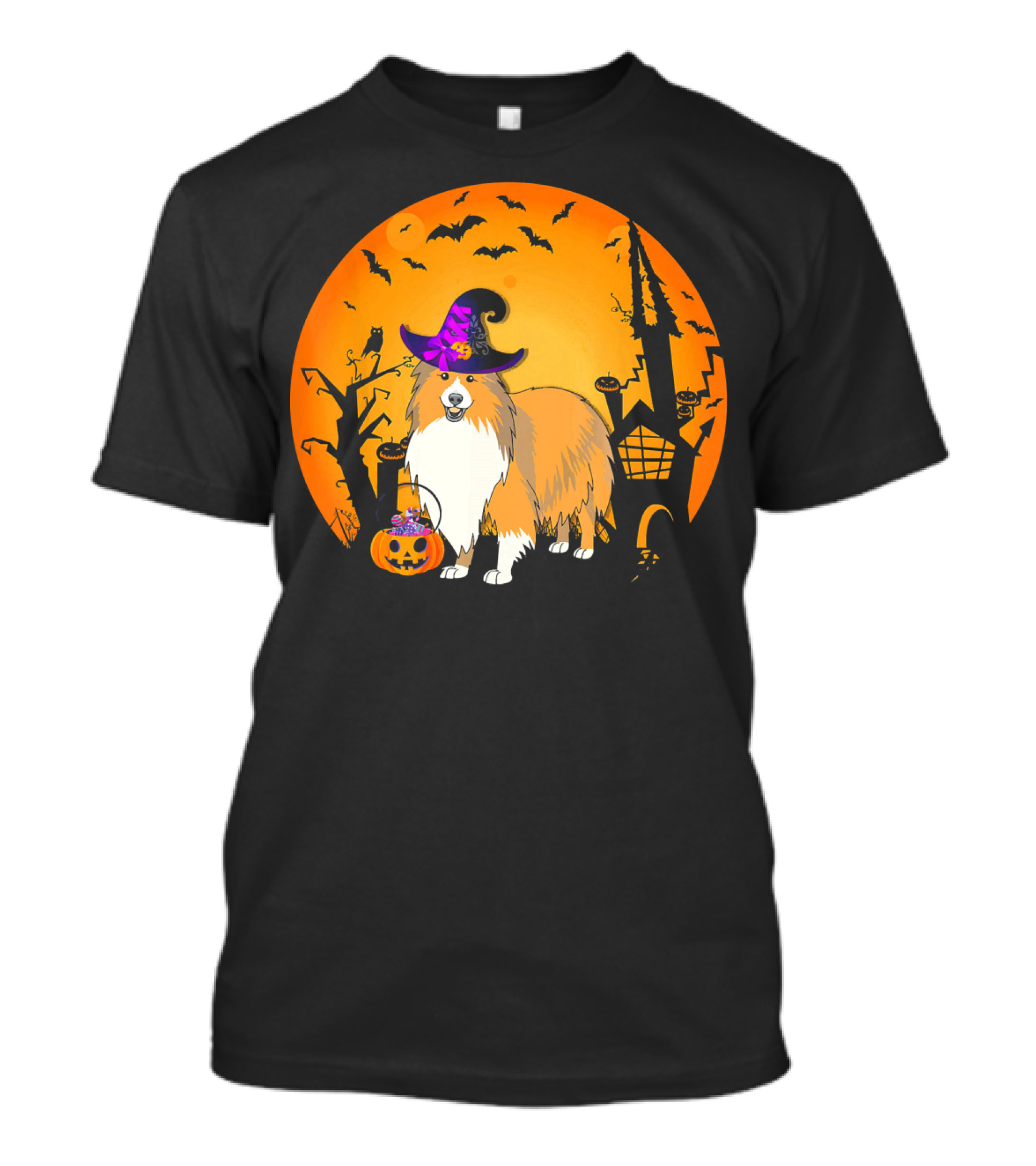 Halloween Sheltie Witch Hat Pumpkin Castle Shadows T-Shirt