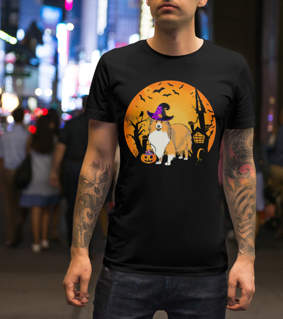 Halloween Sheltie Witch Hat Pumpkin Castle Shadows T-Shirt