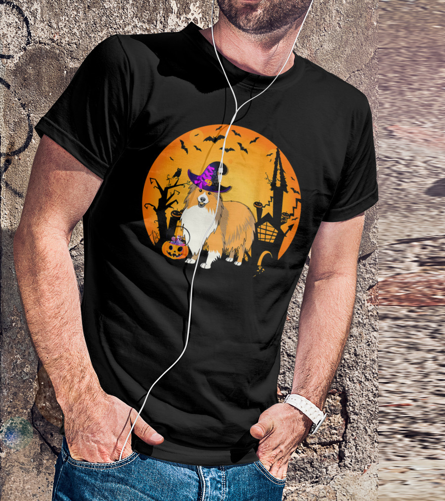 Halloween Sheltie Witch Hat Pumpkin Castle Shadows T-Shirt