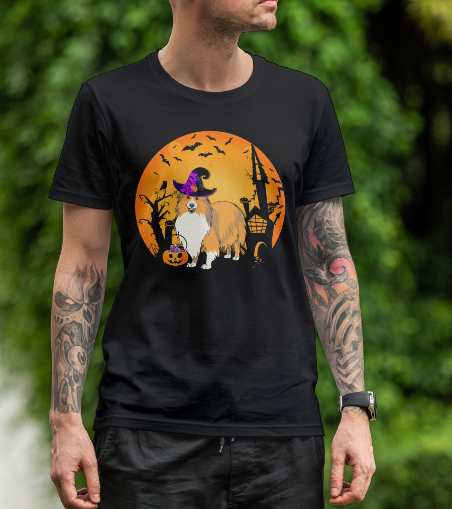 Halloween Sheltie Witch Hat Pumpkin Castle Shadows T-Shirt