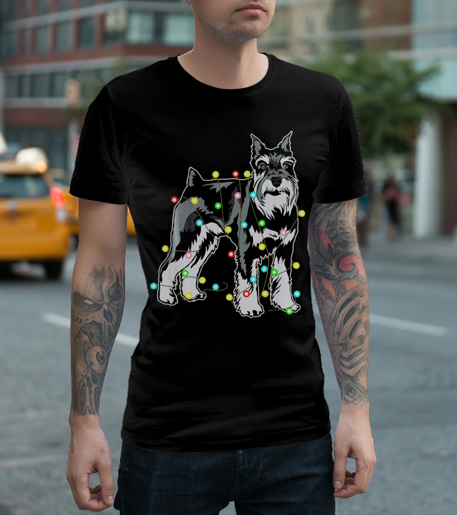 Schnauzer Entangled In Christmas Lights For Dog Lovers T-Shirt