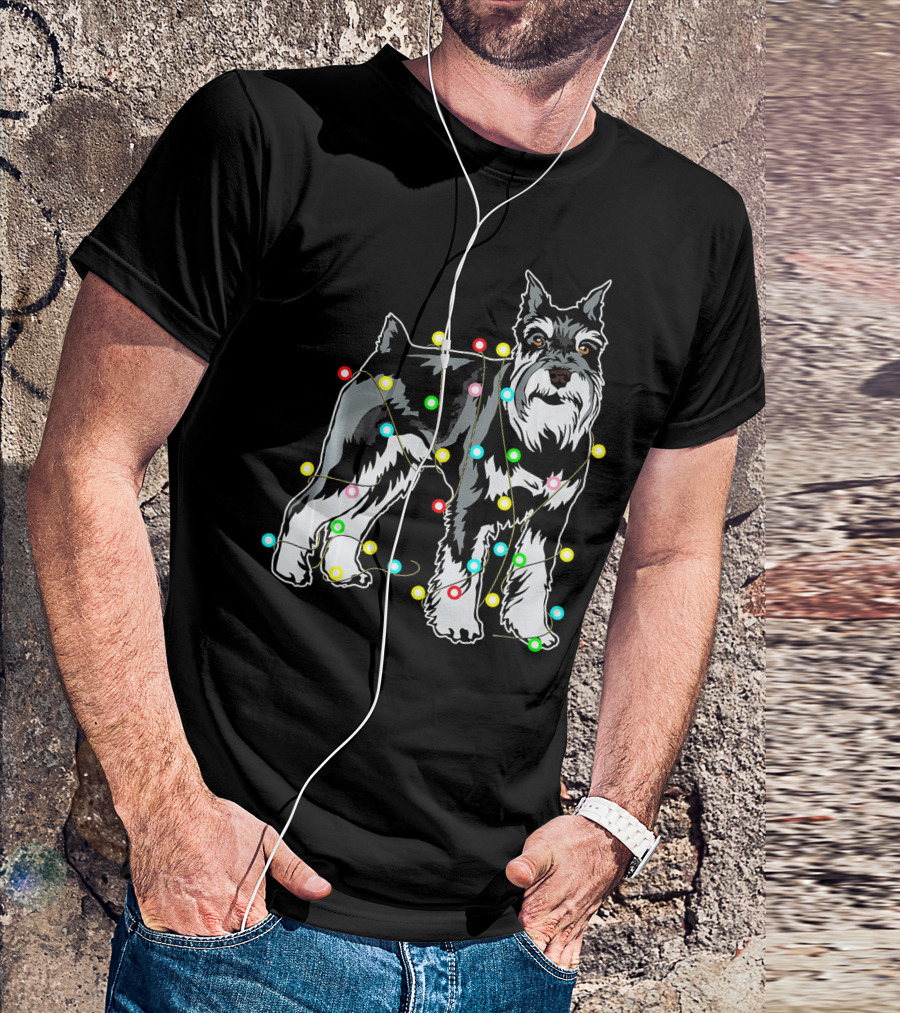 Schnauzer Entangled In Christmas Lights For Dog Lovers T-Shirt