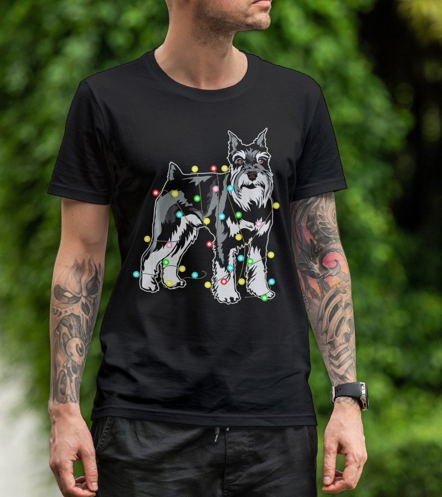 Schnauzer Entangled In Christmas Lights For Dog Lovers T-Shirt