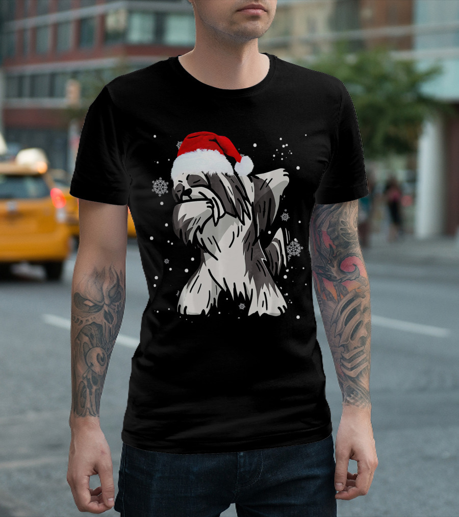 Lhasa Apso Dog Dabbing Santa Hat Christmas Snowflakes T-Shirt