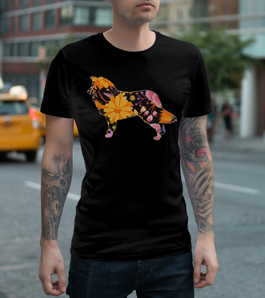 Floral Flower Vintage Retro Sheltie Silhouette Love T-Shirt