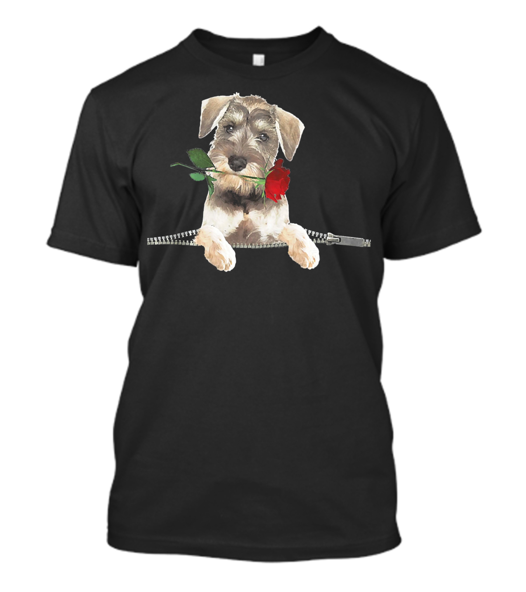 Schnauzer With Red Rose In Mouth Peeking Over Zipper Pocket T-Shirt