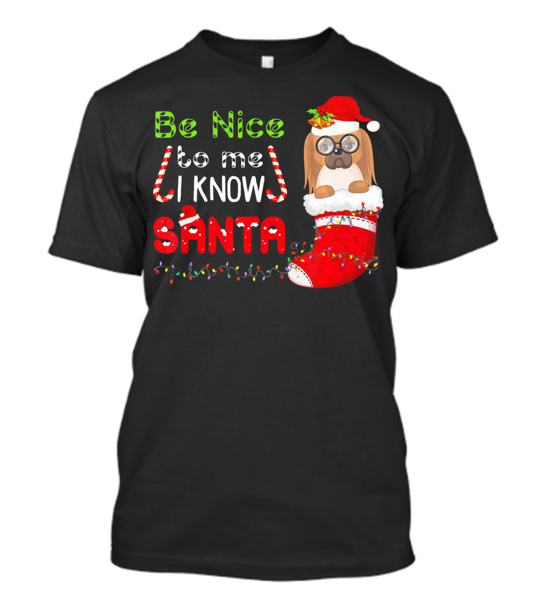 Be Nice To Me I Know Santa Pekingese In Santa Hat And Christmas Stocking T-Shirt