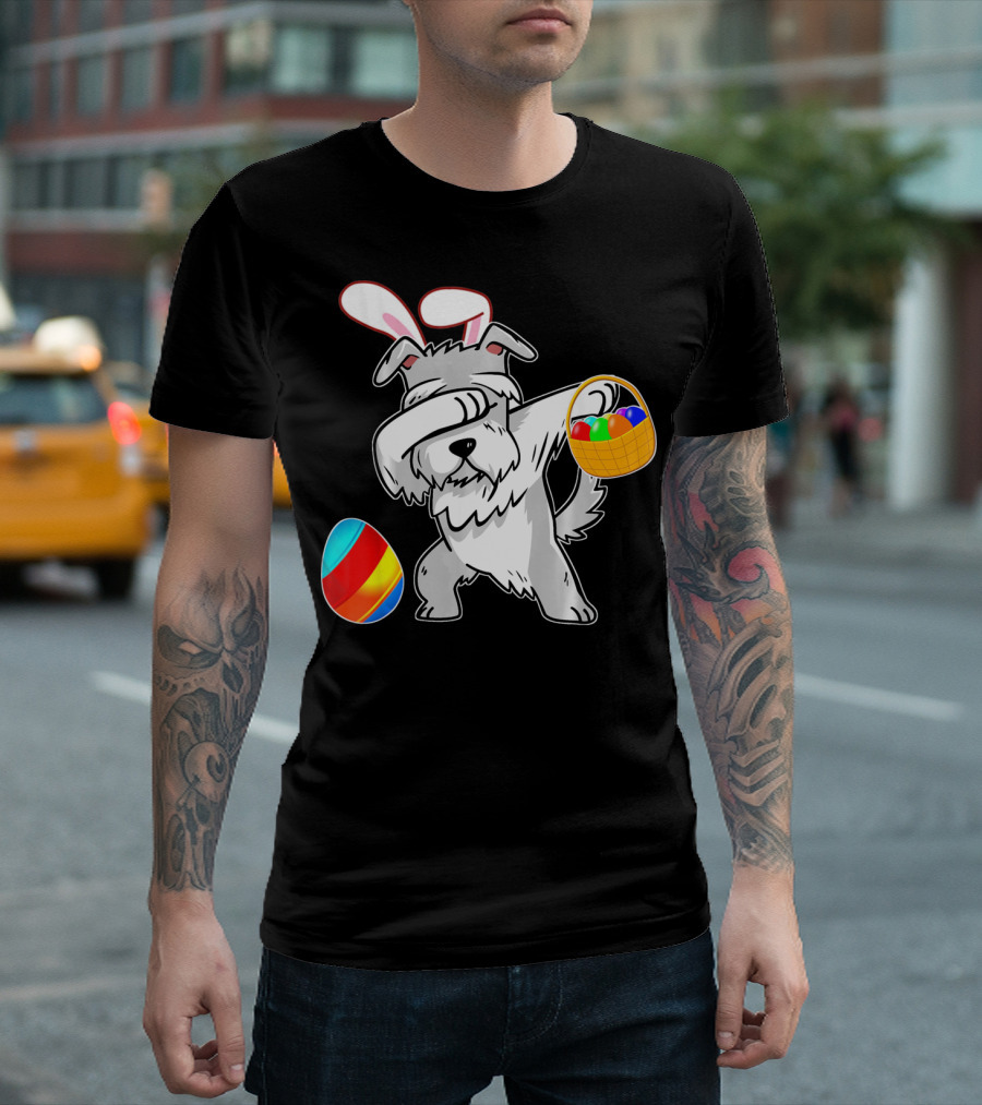 Easter Bunny Dabbing Schnauzer Dog with Colorful Eggs Basket T-Shirt