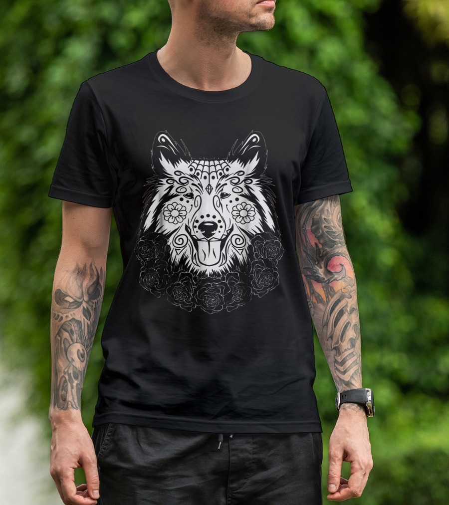 Sheltie Dog Dia De Los Muertos Sugar Skull Floral Roses T-Shirt