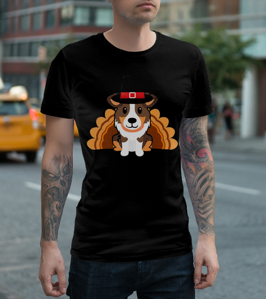 Funny Thanksgiving Sheltie with Pilgrim Hat and Turkey Feathers T-Shirt