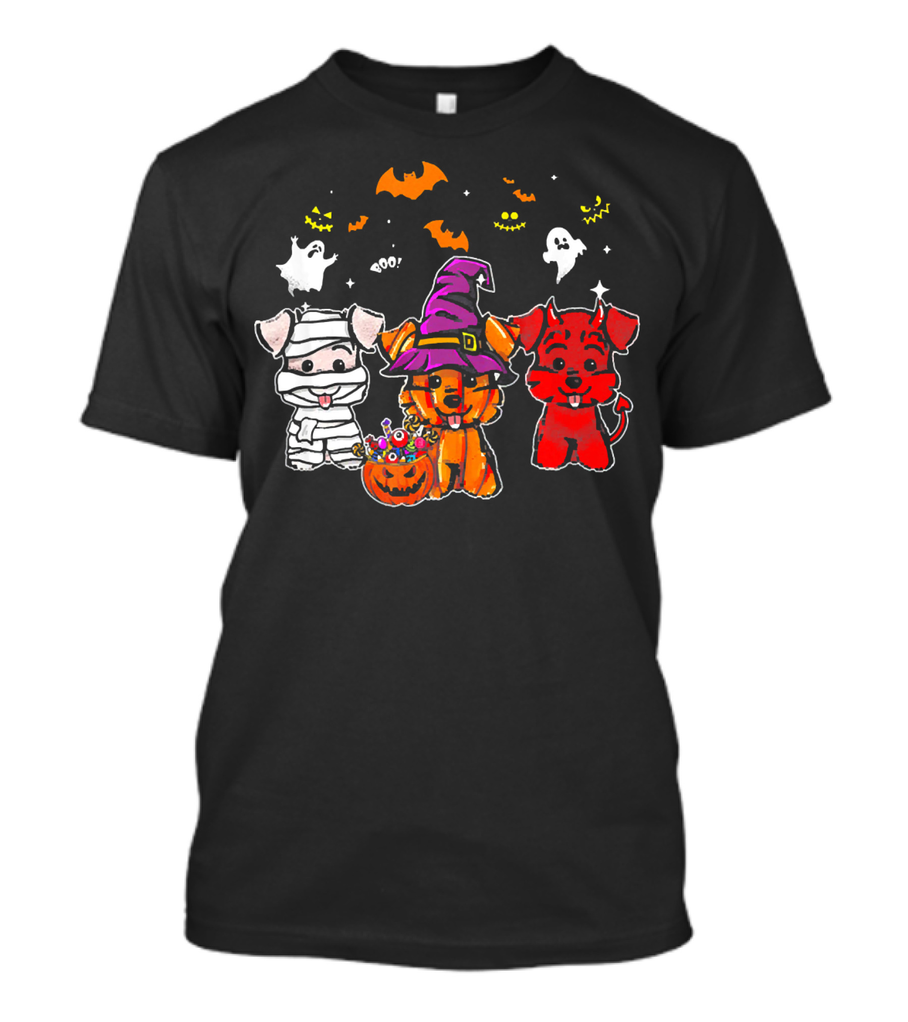 Funny Halloween Three Schnauzers Mummy Witch Devil Ghosts Pumpkins T-Shirt