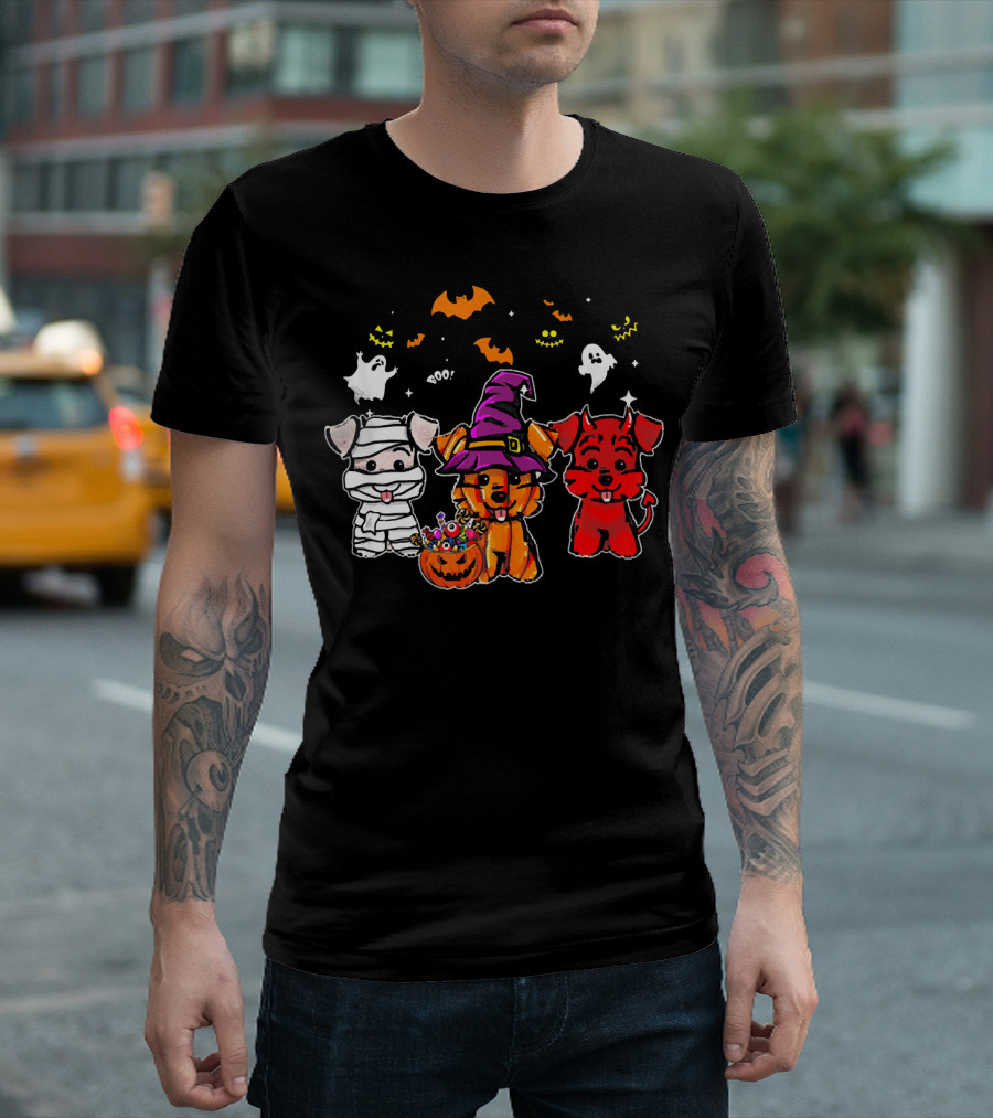 Funny Halloween Three Schnauzers Mummy Witch Devil Ghosts Pumpkins T-Shirt
