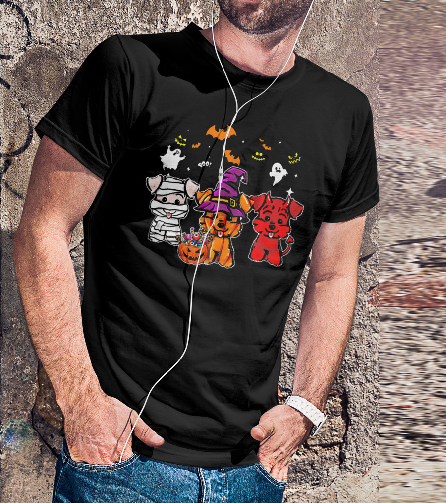 Funny Halloween Three Schnauzers Mummy Witch Devil Ghosts Pumpkins T-Shirt