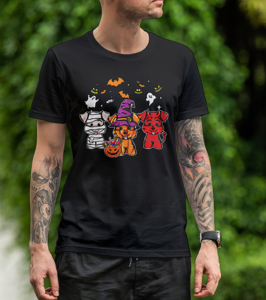 Funny Halloween Three Schnauzers Mummy Witch Devil Ghosts Pumpkins T-Shirt