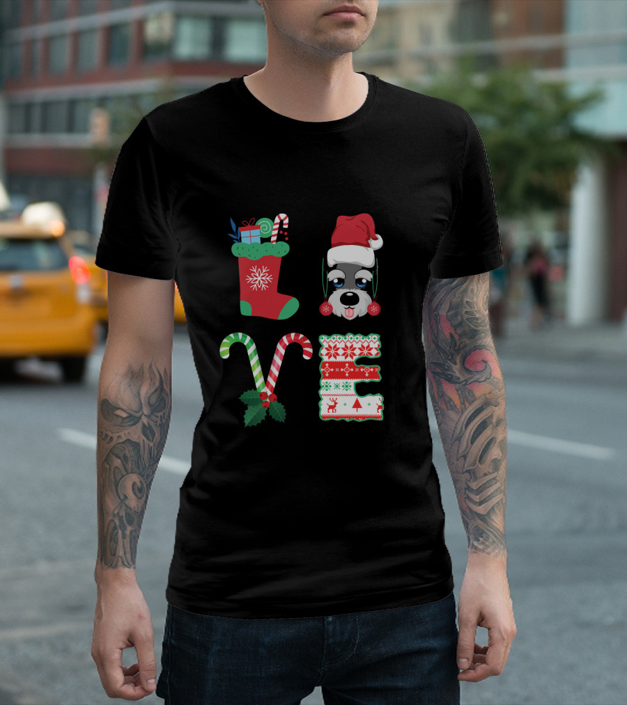 Love My Miniature Schnauzer Christmas Stocking Santa Hat Candy Cane Hollys T-Shirt