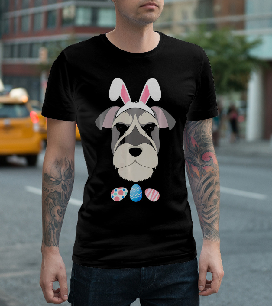 Schnauzer With Bunny Ears And Colorful Easter Eggs T-Shirt