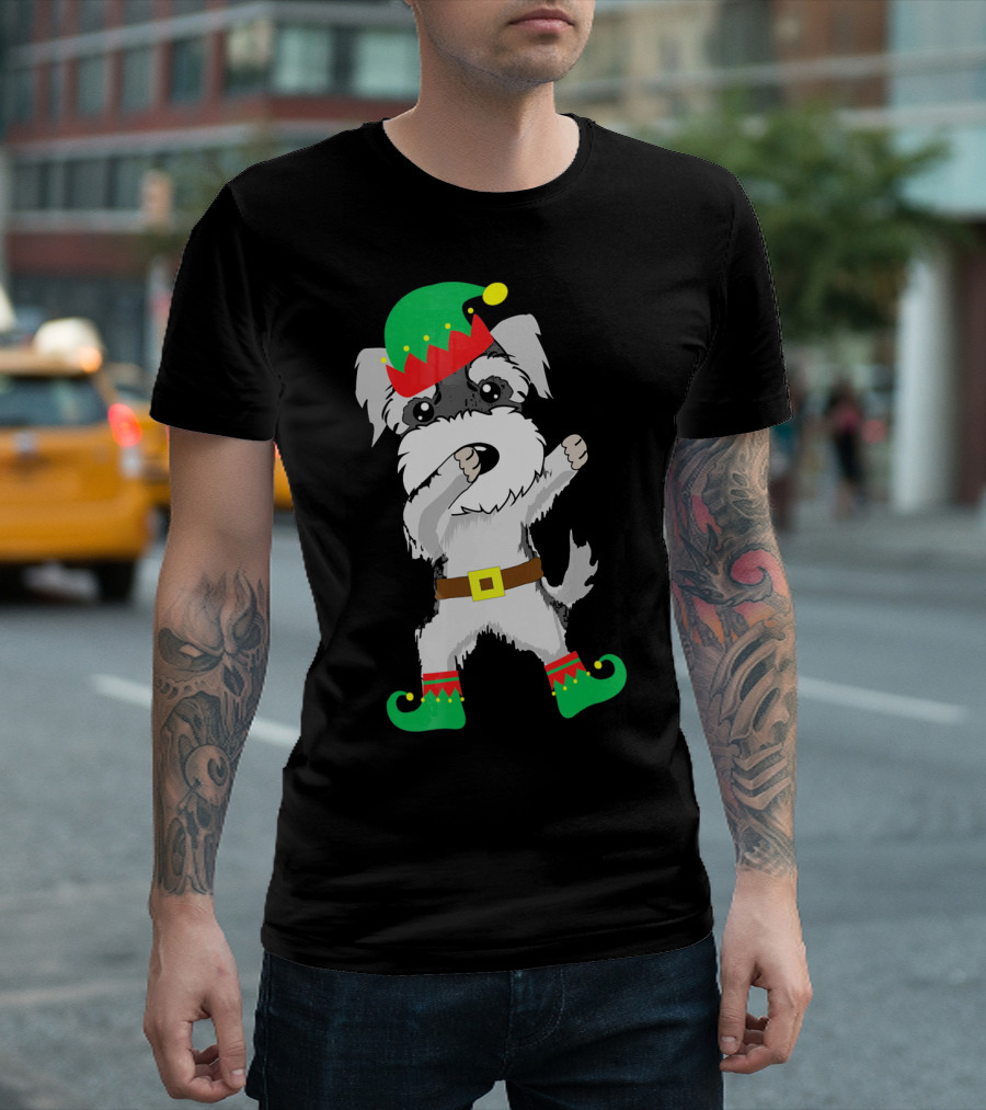 Miniature Schnauzer Dabbing in Christmas Elf Hat and Boots T-Shirt