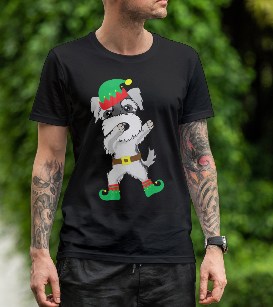 Miniature Schnauzer Dabbing In Christmas Elf Hat And Boots T-Shirt